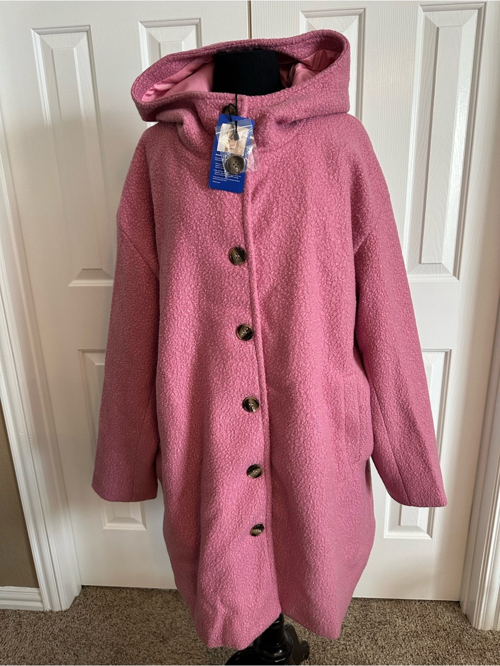 Hooded Pink Bouclé Pea Coat with Button Front